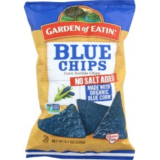 GARDEN OF EATIN: Blue Tortilla Corn Chips No Salt, 9 oz