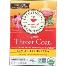 TRADITIONAL MEDICINALS: Organic Throat Coat Lemon Echinacea Herbal Tea 16 Tea Bags, 1.13 oz