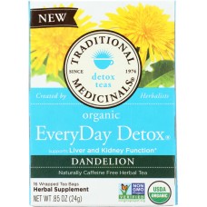 TRADITIONAL MEDICINALS: Organic Everyday Detox Dandelion Herbal Tea 16 Tea Bags, 0.85 oz