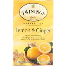 TWININGS OF LONDON: Herbal Lemon & Ginger Naturally Caffeine Free, 20 Tea Bags, 1.06 oz