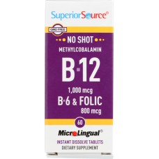 SUPERIOR SOURCE: Methylcobalamin B12, 1000 mcg, B6 and Folic Acid, 60 tb