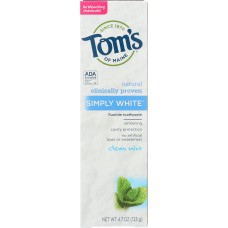 TOM'S OF MAINE:  Simply White Fluoride Toothpaste Clean Mint, 4.7 oz