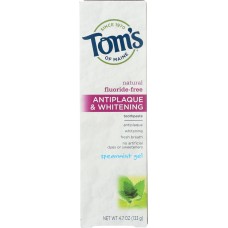 TOMS OF MAINE: Fluoride-Free Antiplaque & Whitening Toothpaste Spearmint Gel, 4.7 Oz
