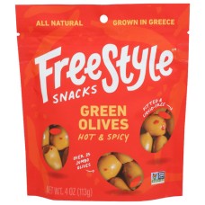 FREESTYLE SNACKS: Olives Green Hot Spicy, 4 OZ