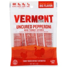 VERMONT SMOKE: Minis Uncured Pepperoni Turkey Sticks, 3 oz