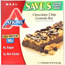 ATKINS: Meal Bar Chocolate Chip Granola (5x1.7oz bars), 8.5 oz