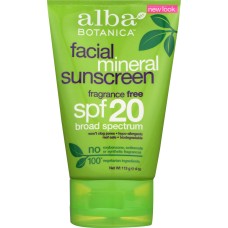ALBA BOTANICA: Very Emollient Sunscreen Facial Mineral Protection SPF 20, 4 oz