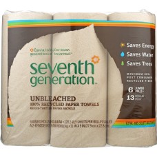 SEVENTH GENERATION: 100% Unbleached Recycled Paper Towels 6 Rolls, 1 ea