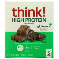 THINK!: Girl Scouts Chocolate Thin Mints High Protein Bar 5Pc, 10.5 oz THINK!: Girl Scouts Chocolate Thin Mints High Protein Bar 5Pc, 10.5 oz