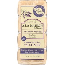 A LA MAISON DE PROVENCE: Traditional French Milled Bar Soap Value Pack Lavender Flowers 4 Bars, 14 oz