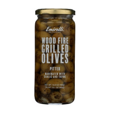 EMIRELLI: Wood Fire Grilled Pitted Olives Marinated with Garlic and Thyme, 16.9 oz