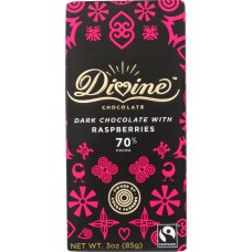 DIVINE CHOCOLATE: 70% Dark Chocolate Bar with Raspberries, 3 oz