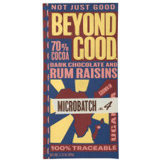 BEYOND GOOD: Microbatch 70% Dark Chocolate Bar with Rum Raisins, 2.12 oz