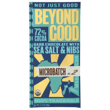 BEYOND GOOD: Microbatch 72% Dark Chocolate Bar with Sea Salt and Nibs, 2.12 oz