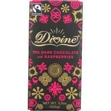 DIVINE CHOCOLATE: 70% Dark Chocolate Bar with Raspberries, 3.5 oz