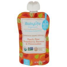 BABYLIFE ORGANICS: Peach Pear Strawberry Banana Watermelon Pouch, 3.5 oz BABYLIFE ORGANICS: Peach Pear Strawberry Banana Watermelon Pouch, 3.5 oz