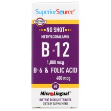 SUPERIOR SOURCE: No Shot Methlycobalamin B12 B6 Folic Acid, 60 tb