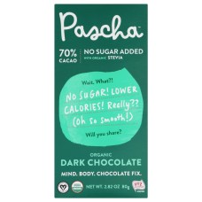 PASCHA: 70Percent Cacao No Sugar Added Organic Dark Chocolate Bar, 2.82 oz