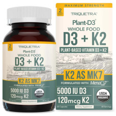 TRIQUETRA HEALTH: Vitamin D3 Plus K2 5000 IU Plant Based Supplement, 60 cp TRIQUETRA HEALTH: Vitamin D3 Plus K2 5000 IU Plant Based Supplement, 60 cp